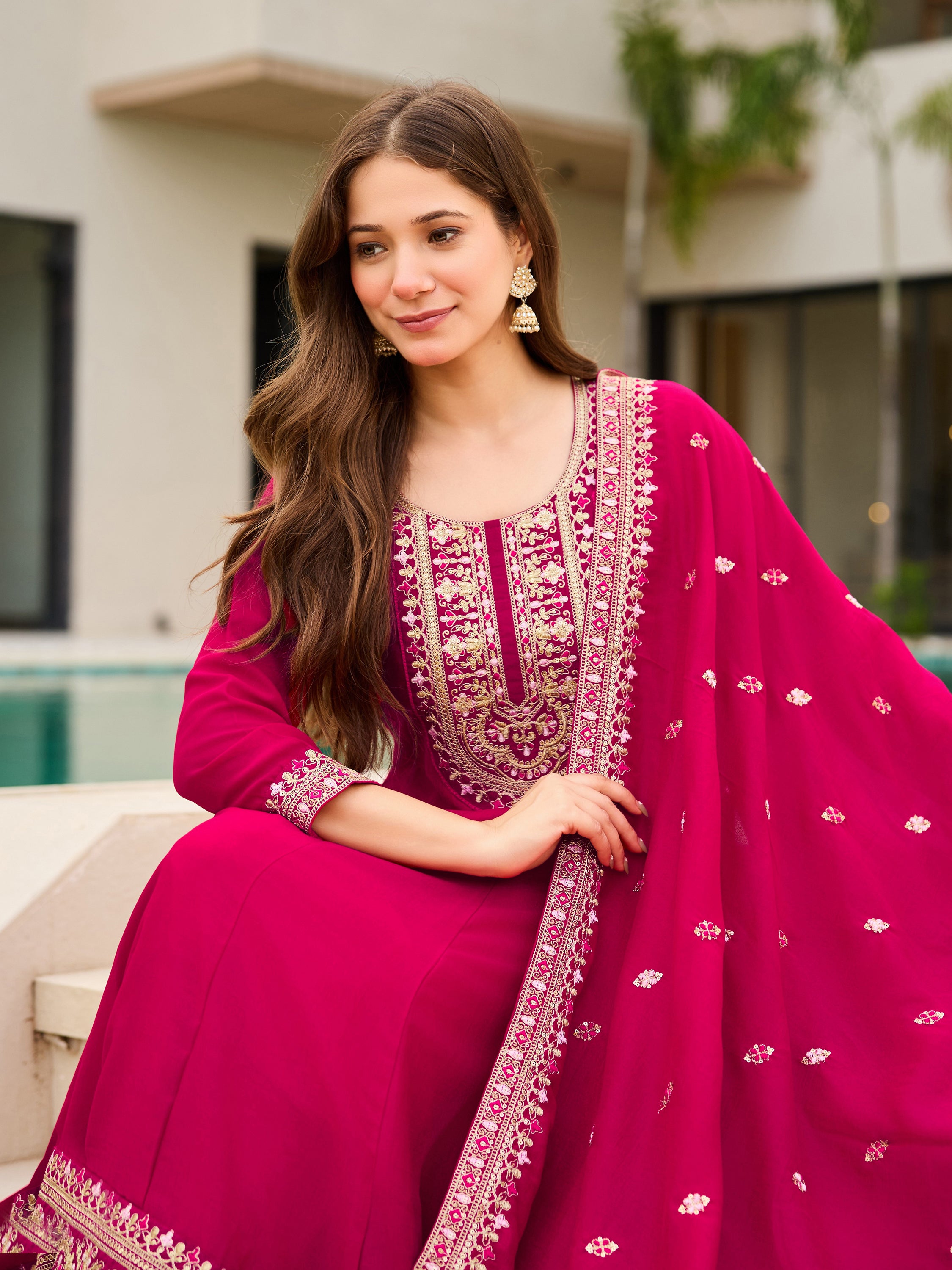 Elegant Wine CP Vichitra Embroidered Kurti Pant Set with Dupatta | Festive & Party Wear Collection