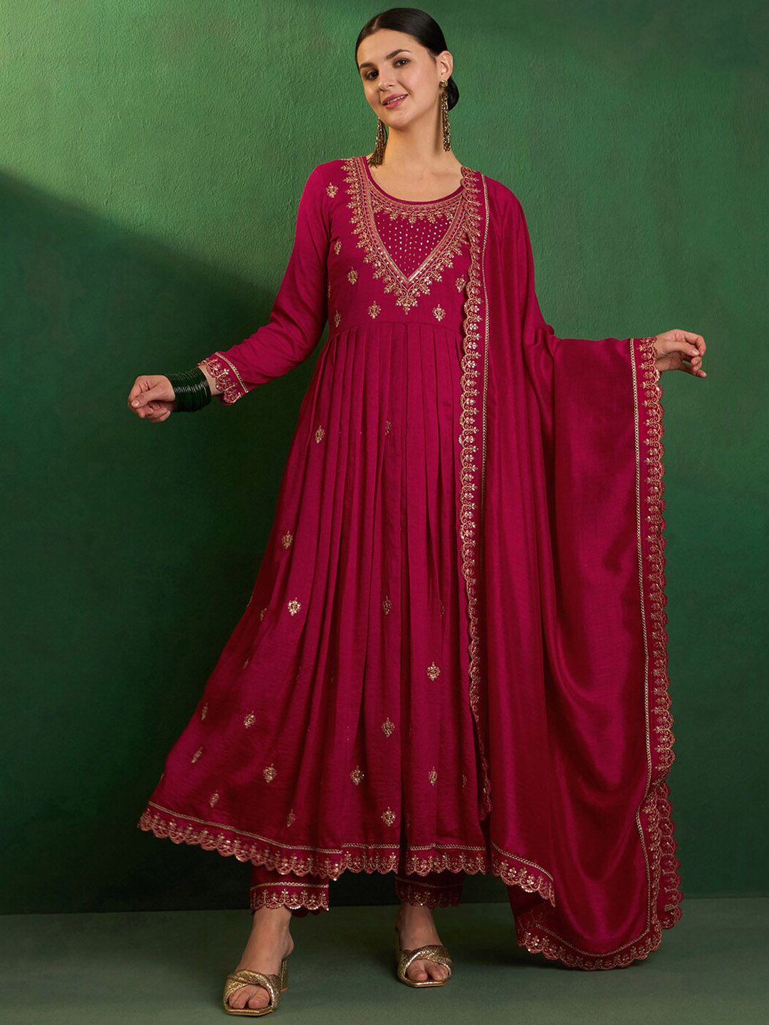 Elegant Wine Red Embroidered CP Vichitra Kurti Set with Dupatta | Festive & Party Wear (S–XXL)