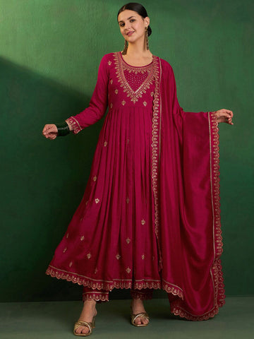 Elegant Wine Red Embroidered CP Vichitra Kurti Set with Dupatta | Festive & Party Wear (S–XXL)