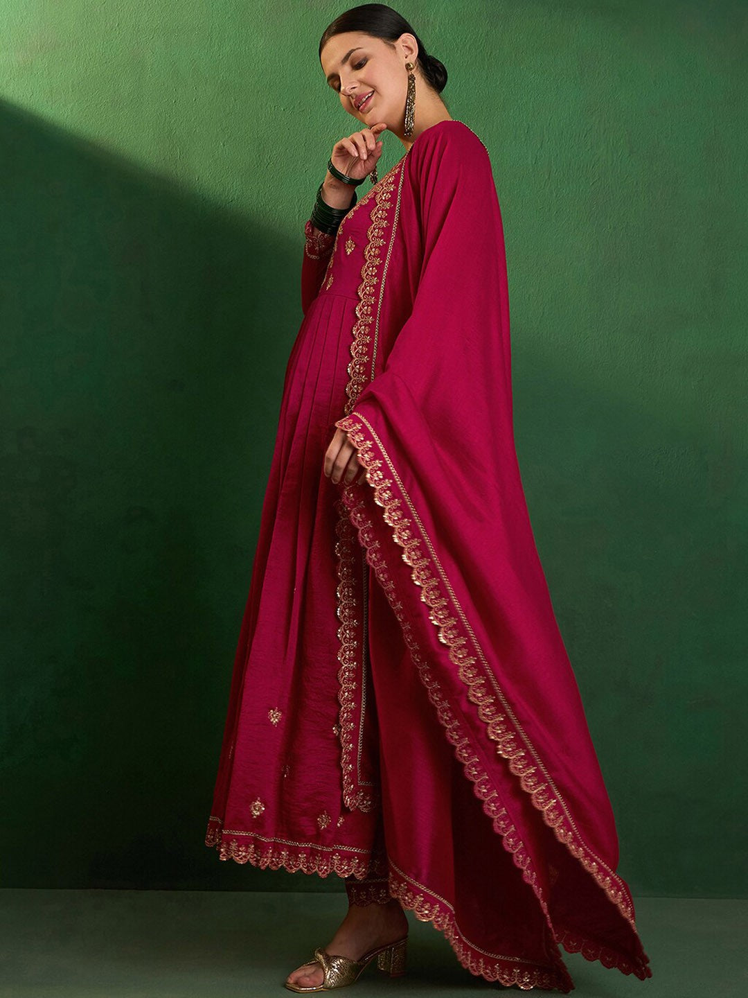 Elegant Wine Red Embroidered CP Vichitra Kurti Set with Dupatta | Festive & Party Wear (S–XXL)