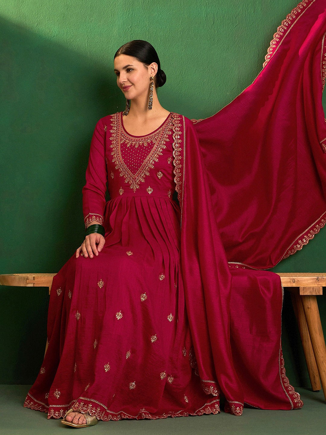 Elegant Wine Red Embroidered CP Vichitra Kurti Set with Dupatta | Festive & Party Wear (S–XXL)