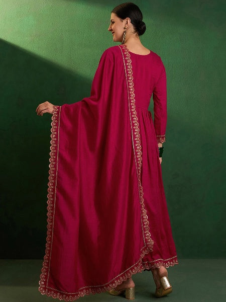 Elegant Wine Red Embroidered CP Vichitra Kurti Set with Dupatta | Festive & Party Wear (S–XXL)