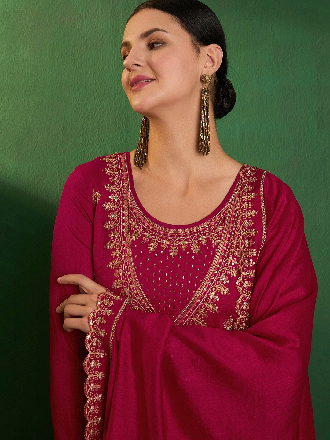 Elegant Wine Red Embroidered CP Vichitra Kurti Set with Dupatta | Festive & Party Wear (S–XXL)