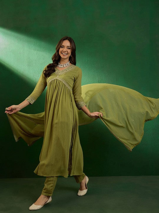 Elegant Olive Green Georgette Embroidered Kurti Set with Dupatta | Flared Ethnic Suit for Women