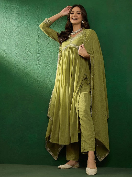 Elegant Olive Green Georgette Embroidered Kurti Set with Dupatta | Flared Ethnic Suit for Women