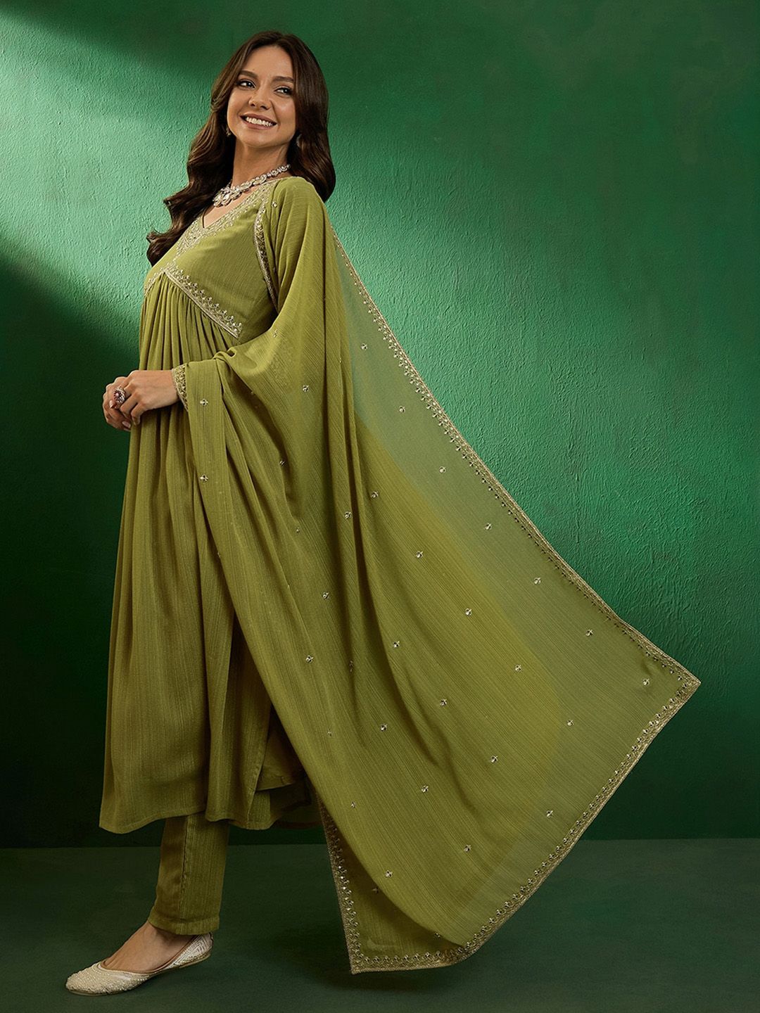Elegant Olive Green Georgette Embroidered Kurti Set with Dupatta | Flared Ethnic Suit for Women