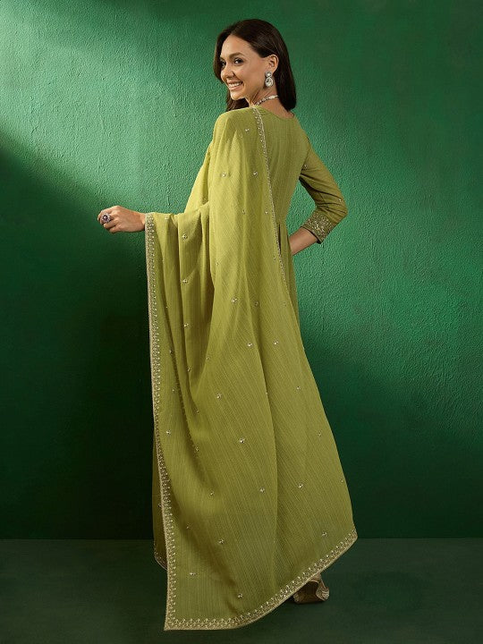 Elegant Olive Green Georgette Embroidered Kurti Set with Dupatta | Flared Ethnic Suit for Women