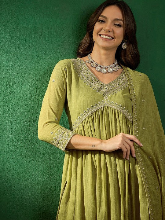 Elegant Olive Green Georgette Embroidered Kurti Set with Dupatta | Flared Ethnic Suit for Women