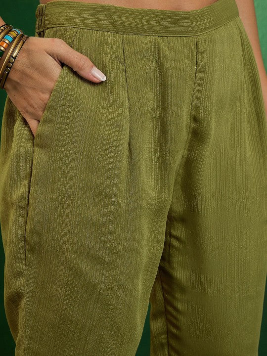 Elegant Olive Green Georgette Embroidered Kurti Set with Dupatta | Flared Ethnic Suit for Women