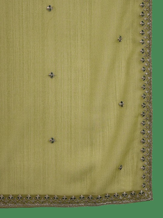 Elegant Olive Green Georgette Embroidered Kurti Set with Dupatta | Flared Ethnic Suit for Women