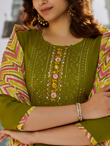 Elegant Olive Green Muslin Cotton Embroidered Kurti Set with Chanderi Dupatta | Festive & Casual Wear (S–XXL)