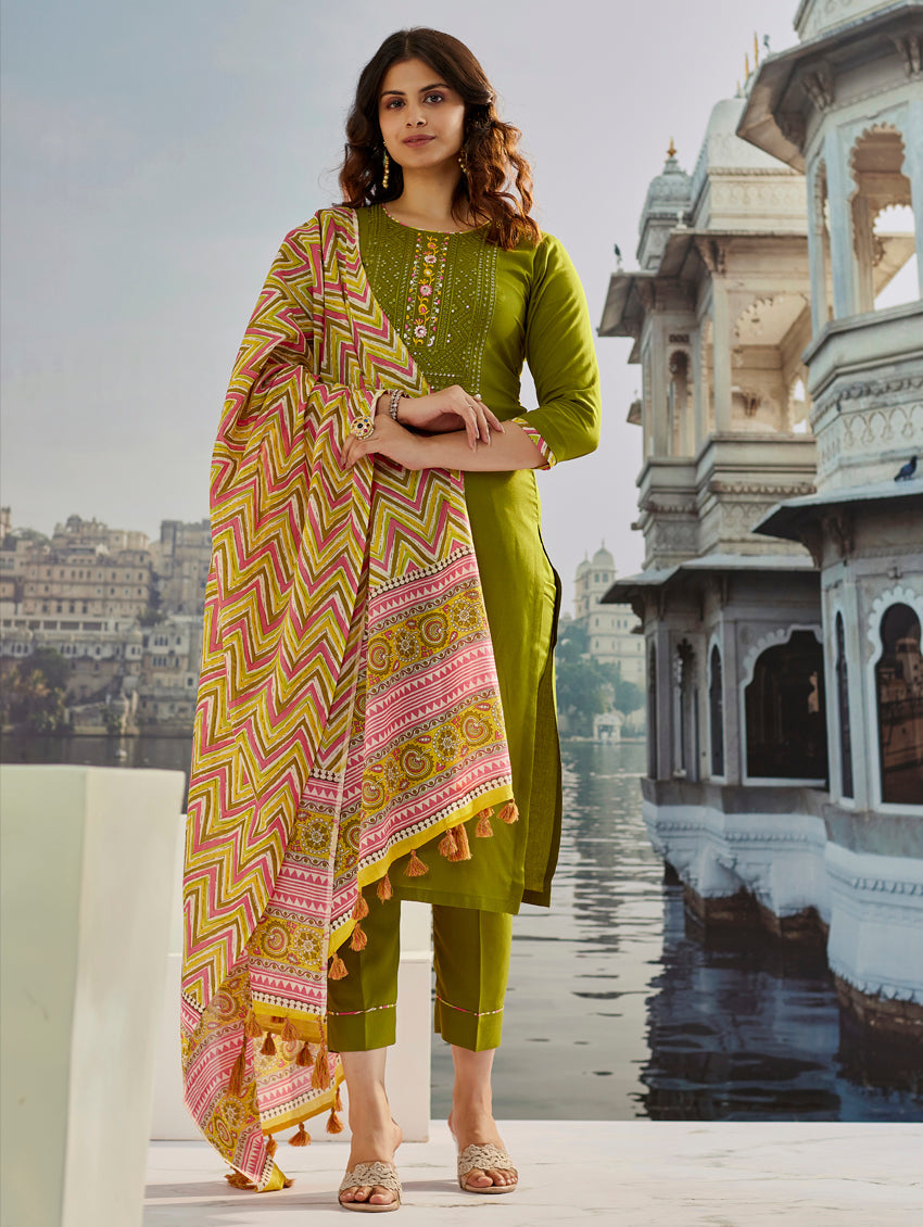 Elegant Olive Green Muslin Cotton Embroidered Kurti Set with Chanderi Dupatta | Festive & Casual Wear (S–XXL)