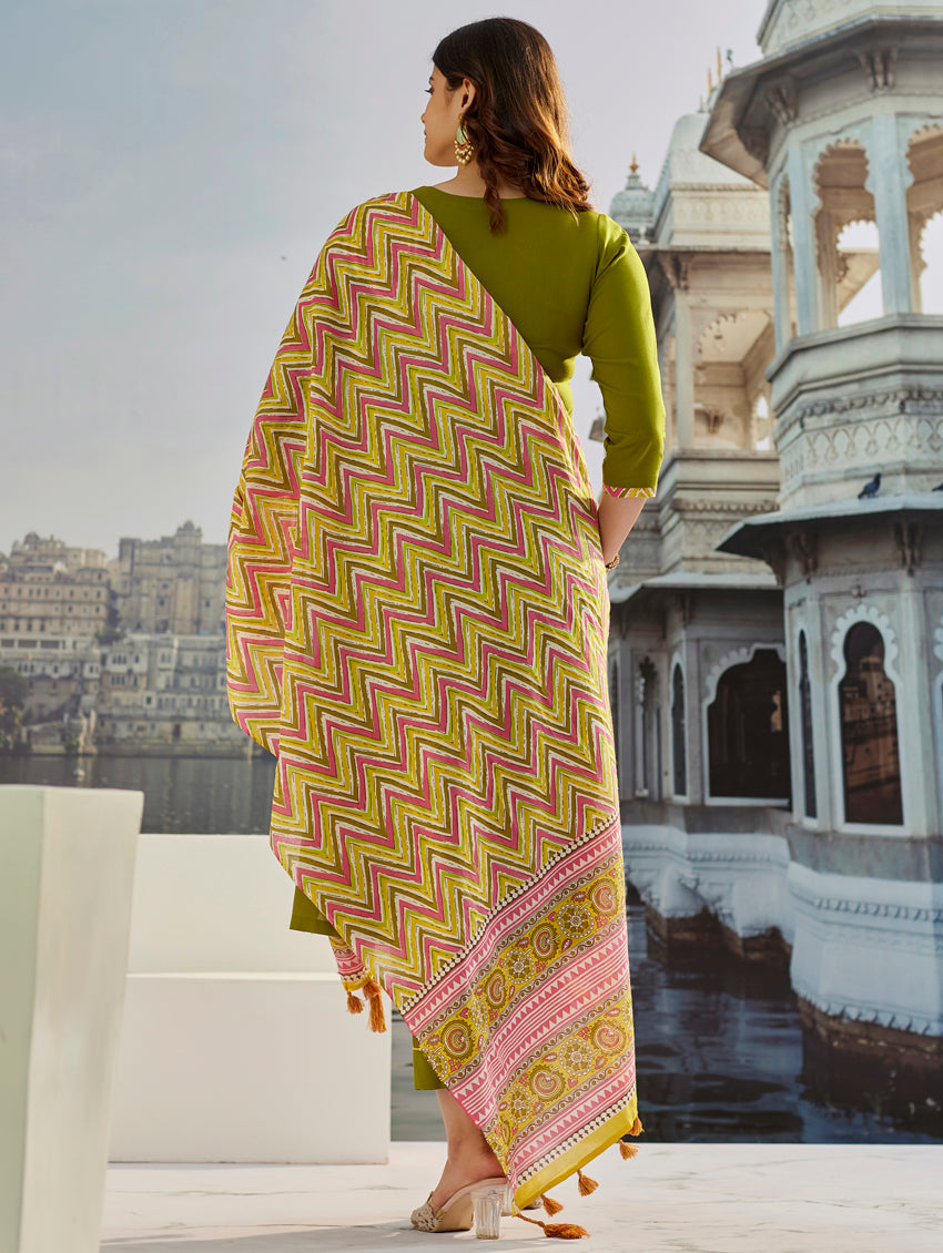 Elegant Olive Green Muslin Cotton Embroidered Kurti Set with Chanderi Dupatta | Festive & Casual Wear (S–XXL)
