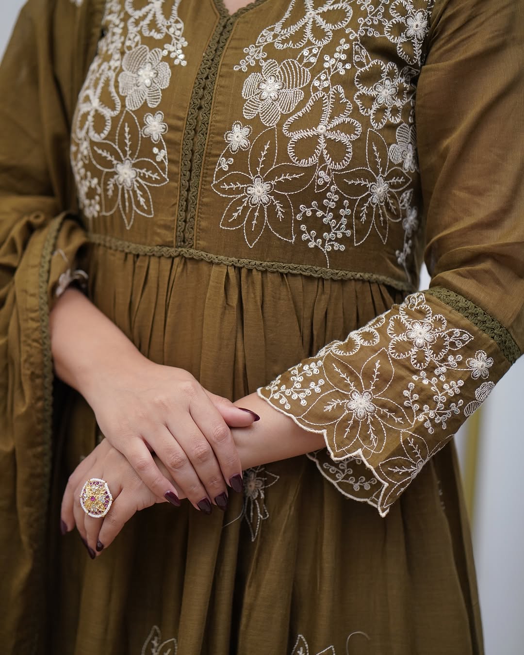 Elegant Olive Cotton Silk Embroidered Kurti Set with Chanderi Dupatta | Festive Wear for Women