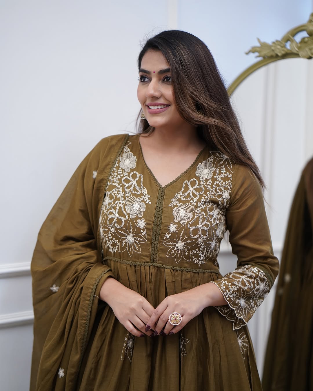 Elegant Olive Cotton Silk Embroidered Kurti Set with Chanderi Dupatta | Festive Wear for Women