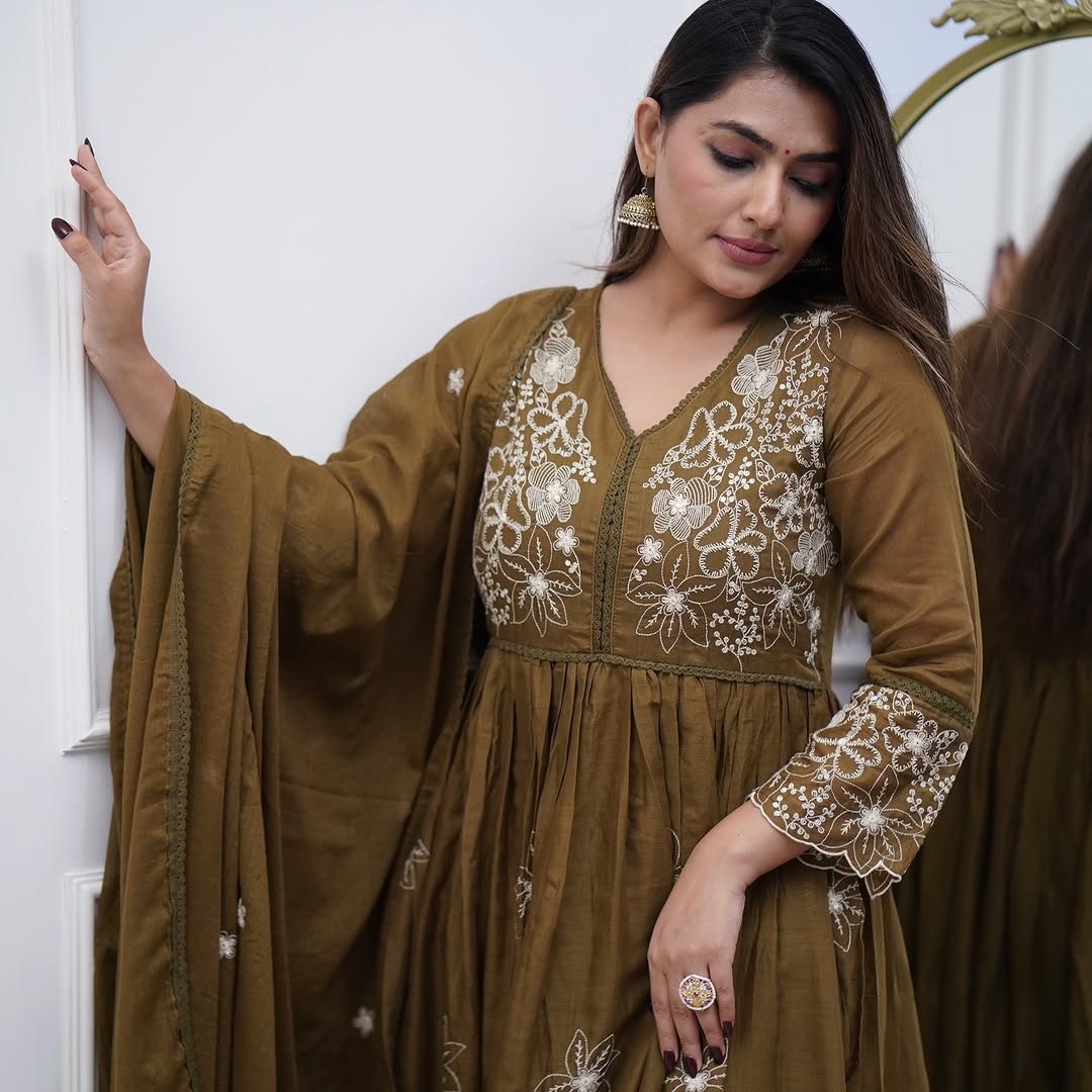 Elegant Olive Cotton Silk Embroidered Kurti Set with Chanderi Dupatta | Festive Wear for Women