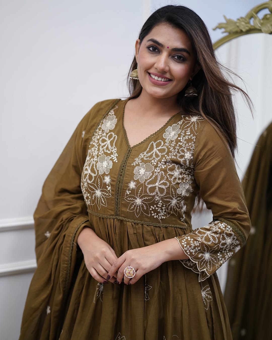 Elegant Olive Cotton Silk Embroidered Kurti Set with Chanderi Dupatta | Festive Wear for Women