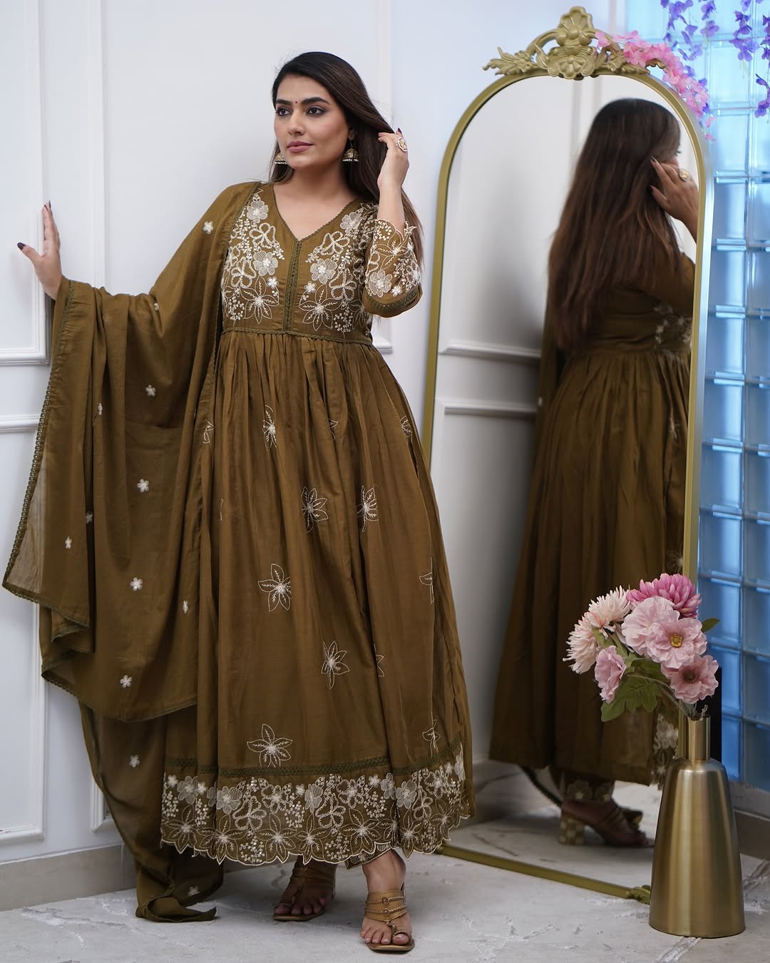 Elegant Olive Cotton Silk Embroidered Kurti Set with Chanderi Dupatta | Festive Wear for Women