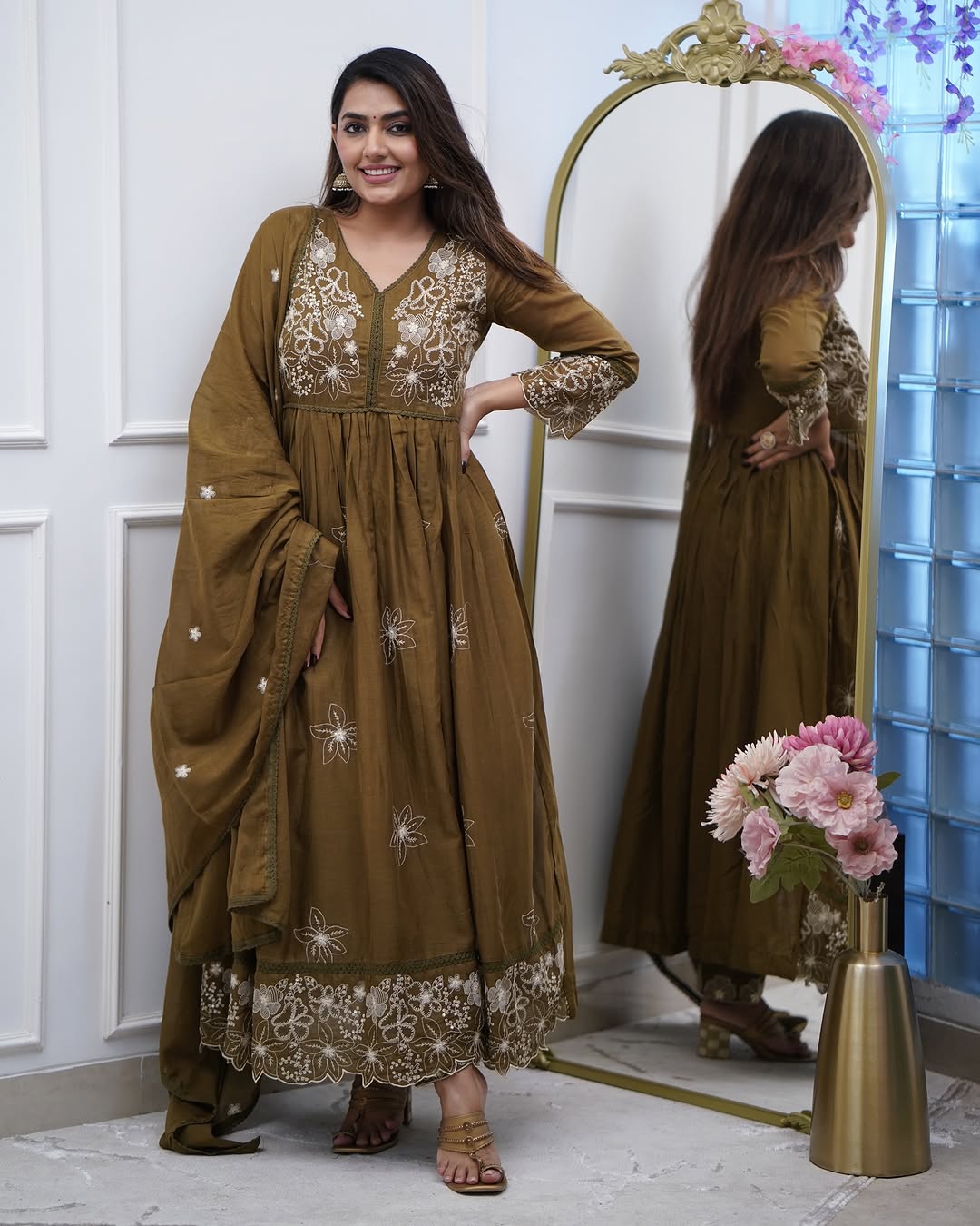 Elegant Olive Cotton Silk Embroidered Kurti Set with Chanderi Dupatta | Festive Wear for Women