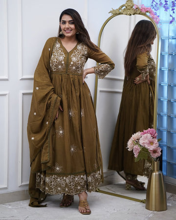 Elegant Olive Cotton Silk Embroidered Kurti Set with Chanderi Dupatta | Festive Wear for Women