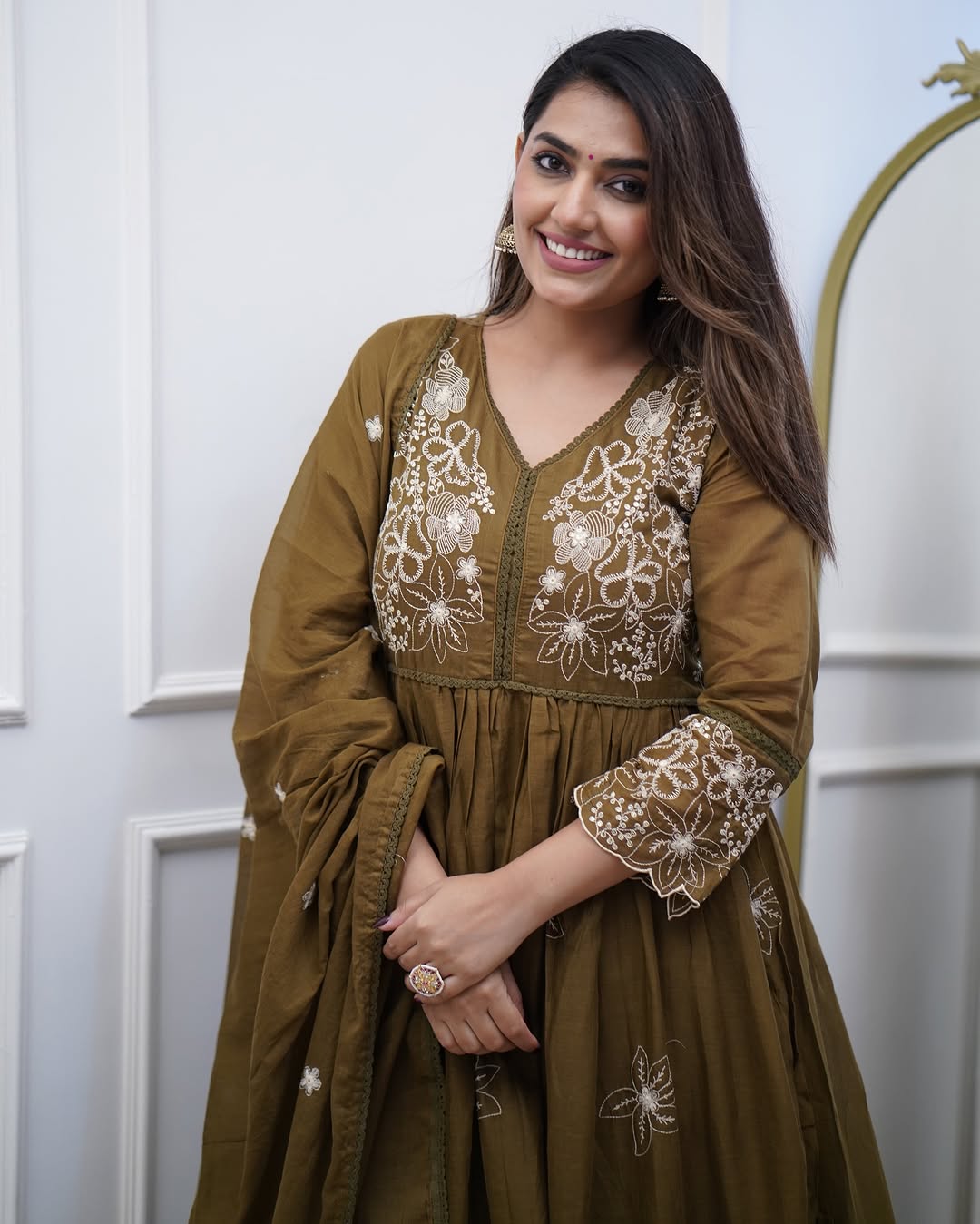 Elegant Olive Cotton Silk Embroidered Kurti Set with Chanderi Dupatta | Festive Wear for Women