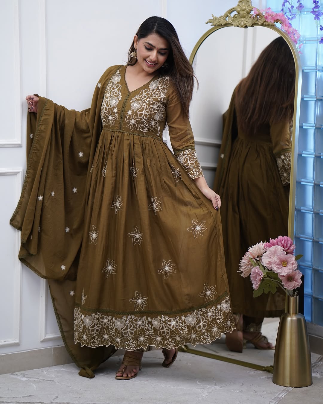 Elegant Olive Cotton Silk Embroidered Kurti Set with Chanderi Dupatta | Festive Wear for Women