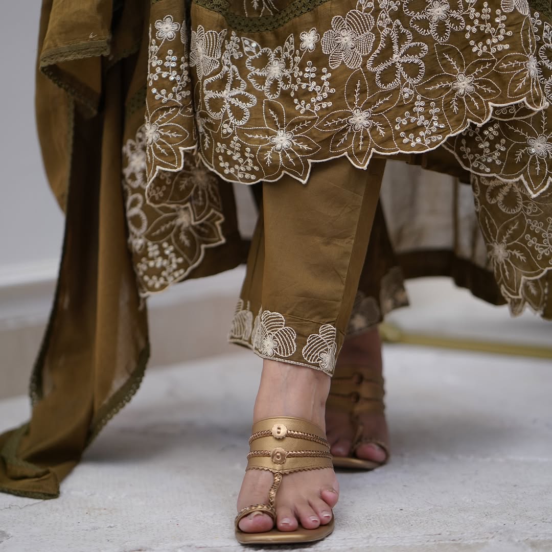 Elegant Olive Cotton Silk Embroidered Kurti Set with Chanderi Dupatta | Festive Wear for Women