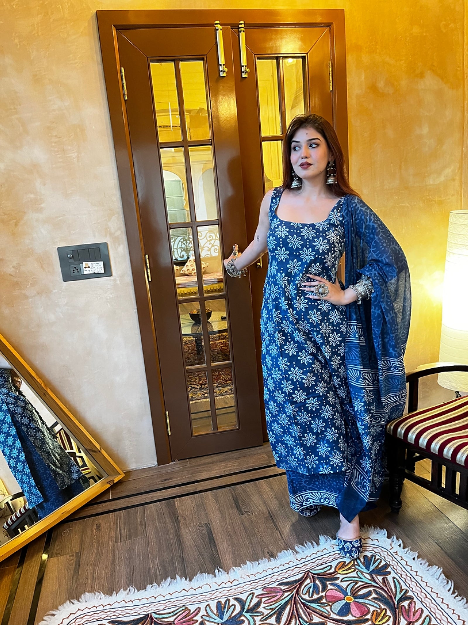Elegant Blue Rayon Slub Printed Kurti Set with Chanderi Cotton Dupatta | Festive & Casual Wear (S–XXL)