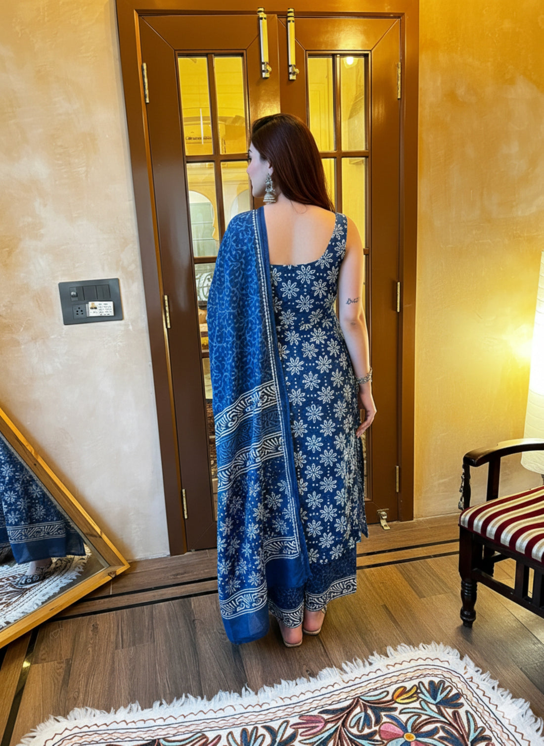 Elegant Blue Rayon Slub Printed Kurti Set with Chanderi Cotton Dupatta | Festive & Casual Wear (S–XXL)