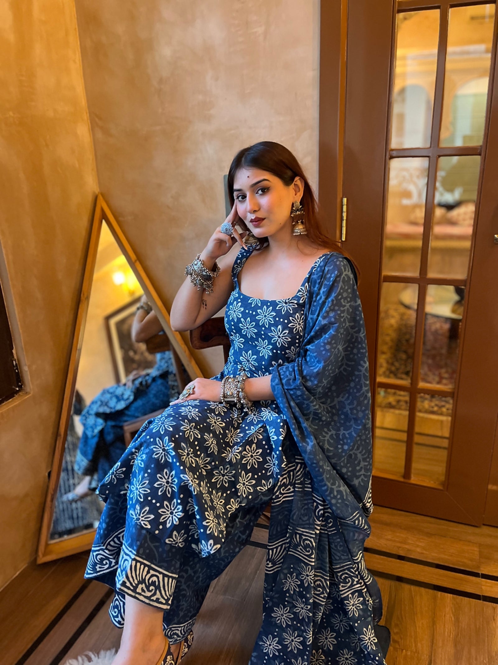 Elegant Blue Rayon Slub Printed Kurti Set with Chanderi Cotton Dupatta | Festive & Casual Wear (S–XXL)