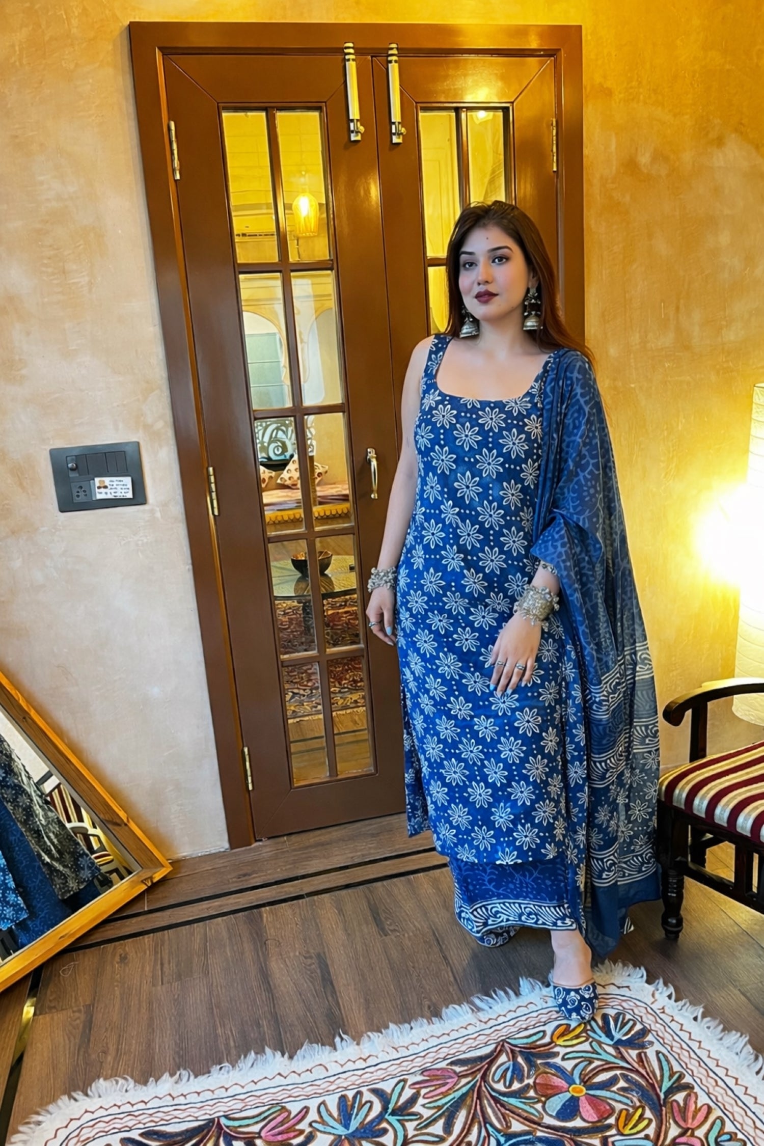 Elegant Blue Rayon Slub Printed Kurti Set with Chanderi Cotton Dupatta | Festive & Casual Wear (S–XXL)