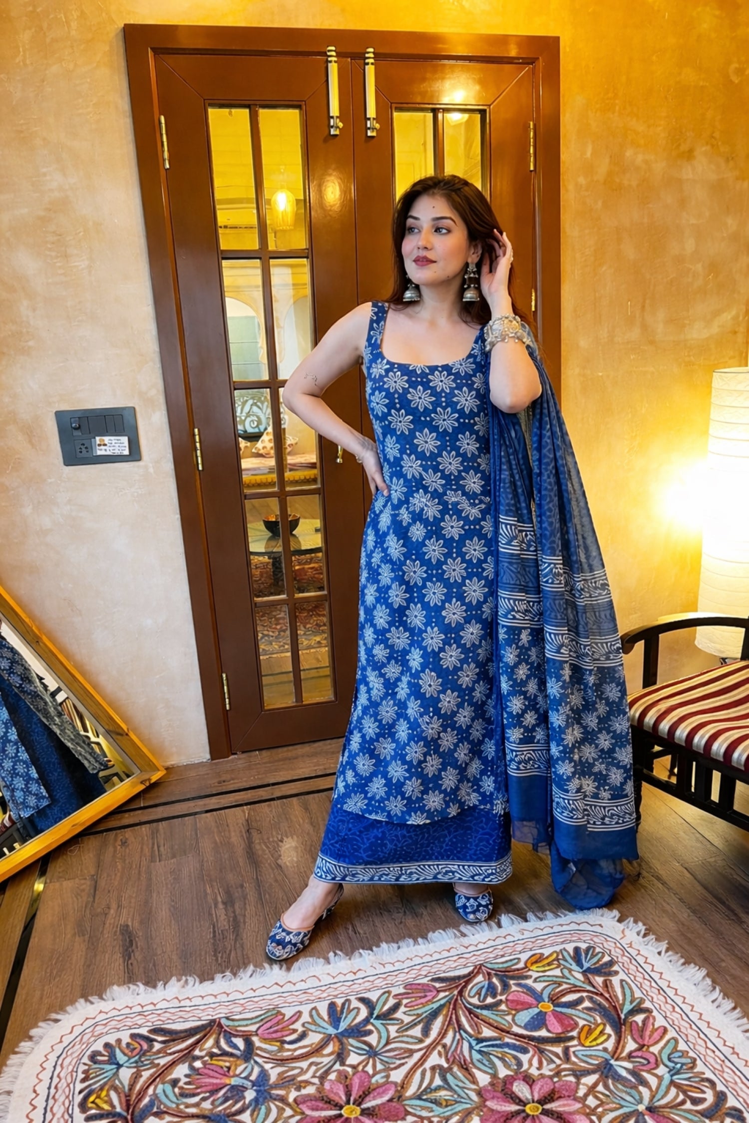 Elegant Blue Rayon Slub Printed Kurti Set with Chanderi Cotton Dupatta | Festive & Casual Wear (S–XXL)