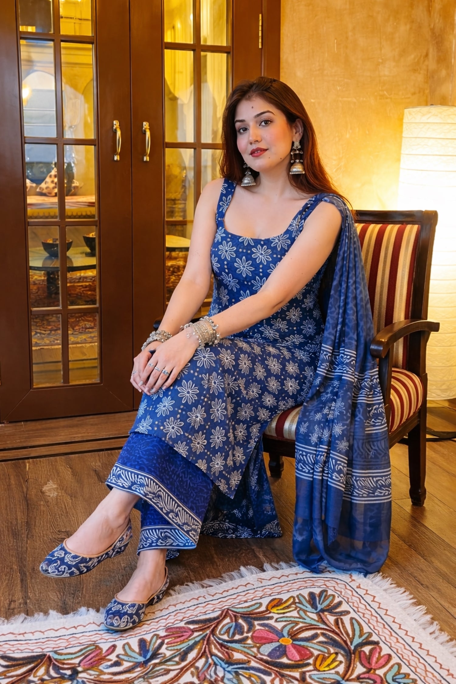 Elegant Blue Rayon Slub Printed Kurti Set with Chanderi Cotton Dupatta | Festive & Casual Wear (S–XXL)