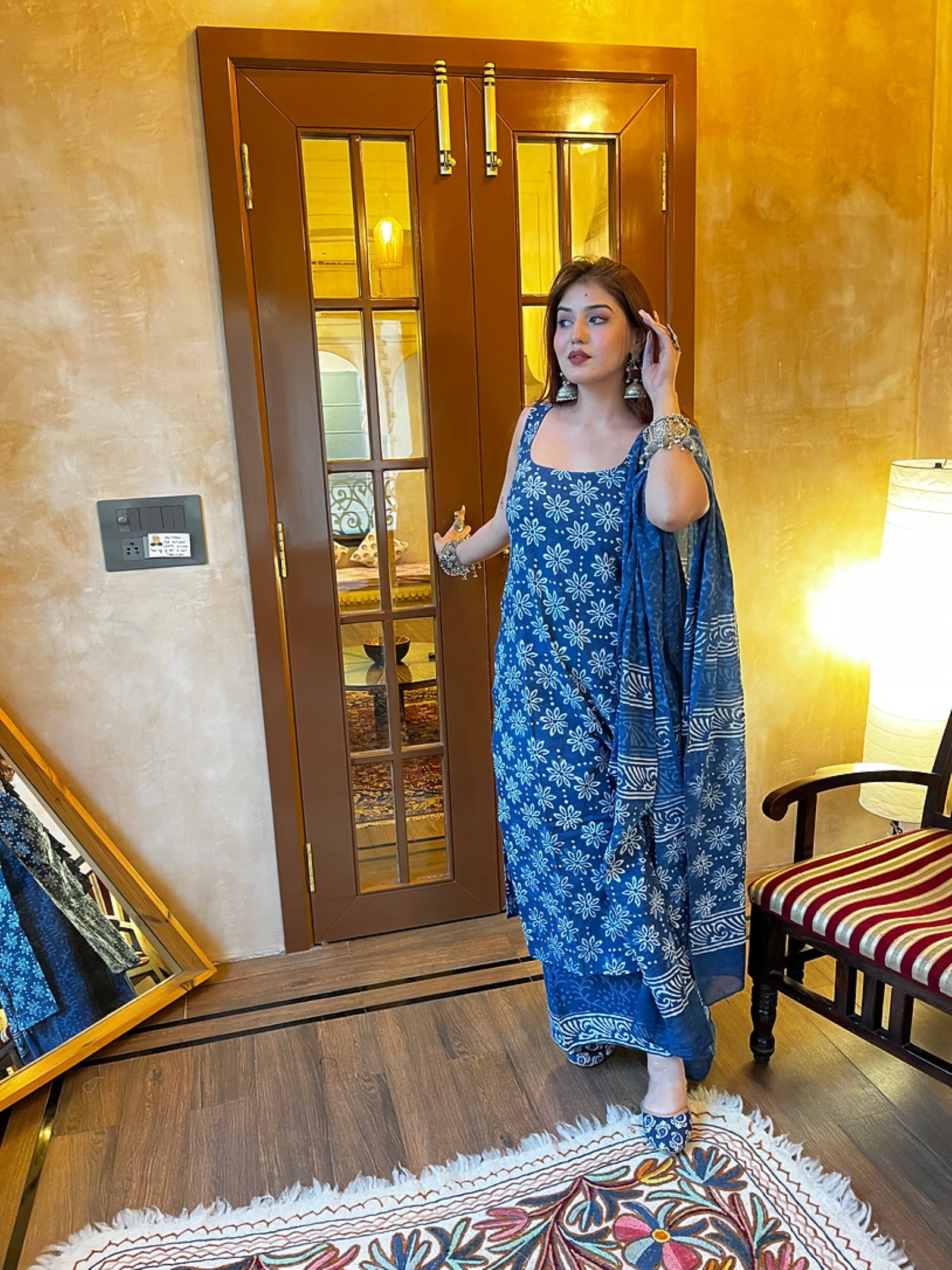 Elegant Blue Rayon Slub Printed Kurti Set with Chanderi Cotton Dupatta | Festive & Casual Wear (S–XXL)