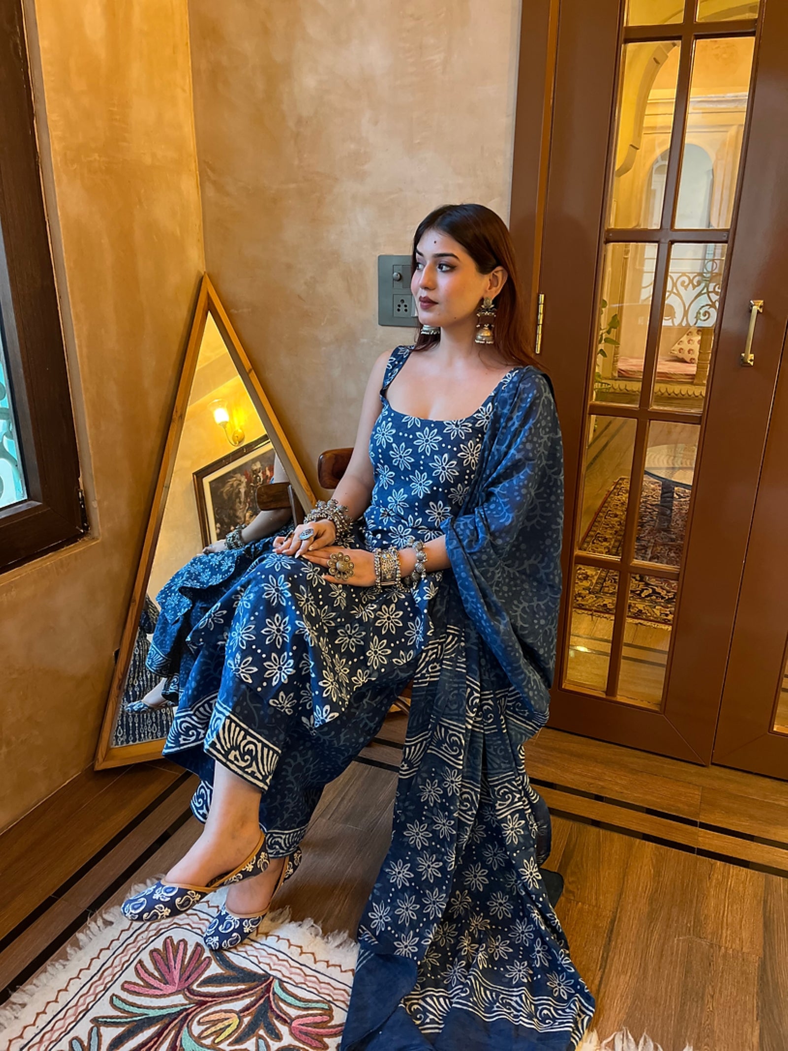 Elegant Blue Rayon Slub Printed Kurti Set with Chanderi Cotton Dupatta | Festive & Casual Wear (S–XXL)