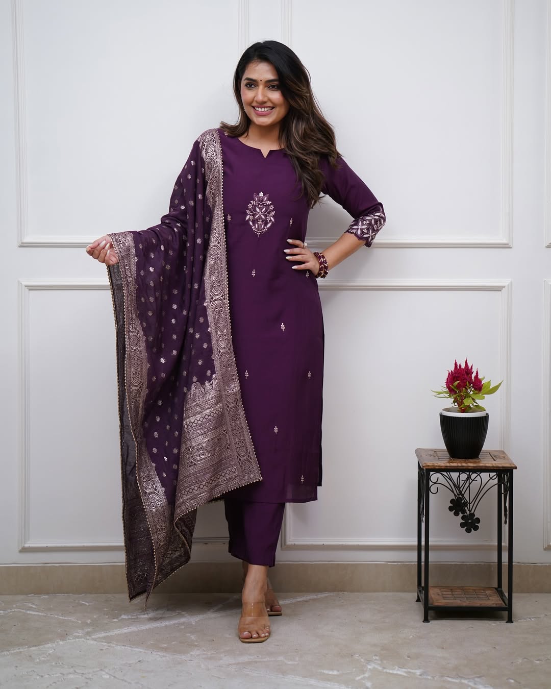 Elegant Wine Purple Embroidered PV Chanderi Kurti Set with Dupatta | Festive & Ethnic Wear (S–XXL)