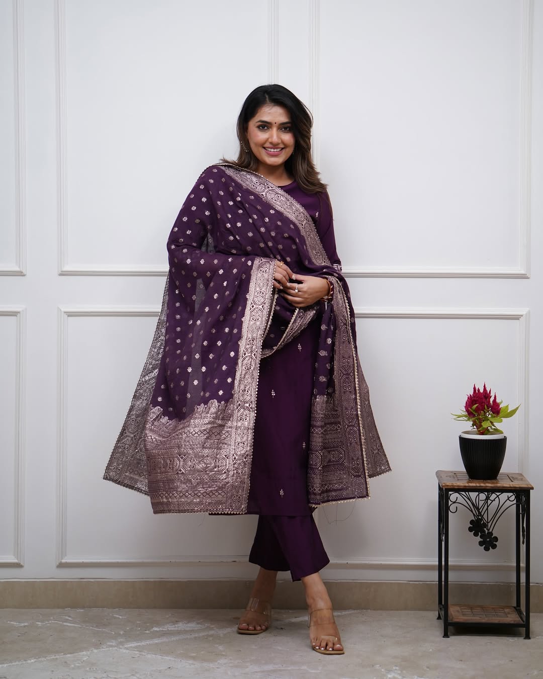 Elegant Wine Purple Embroidered PV Chanderi Kurti Set with Dupatta | Festive & Ethnic Wear (S–XXL)