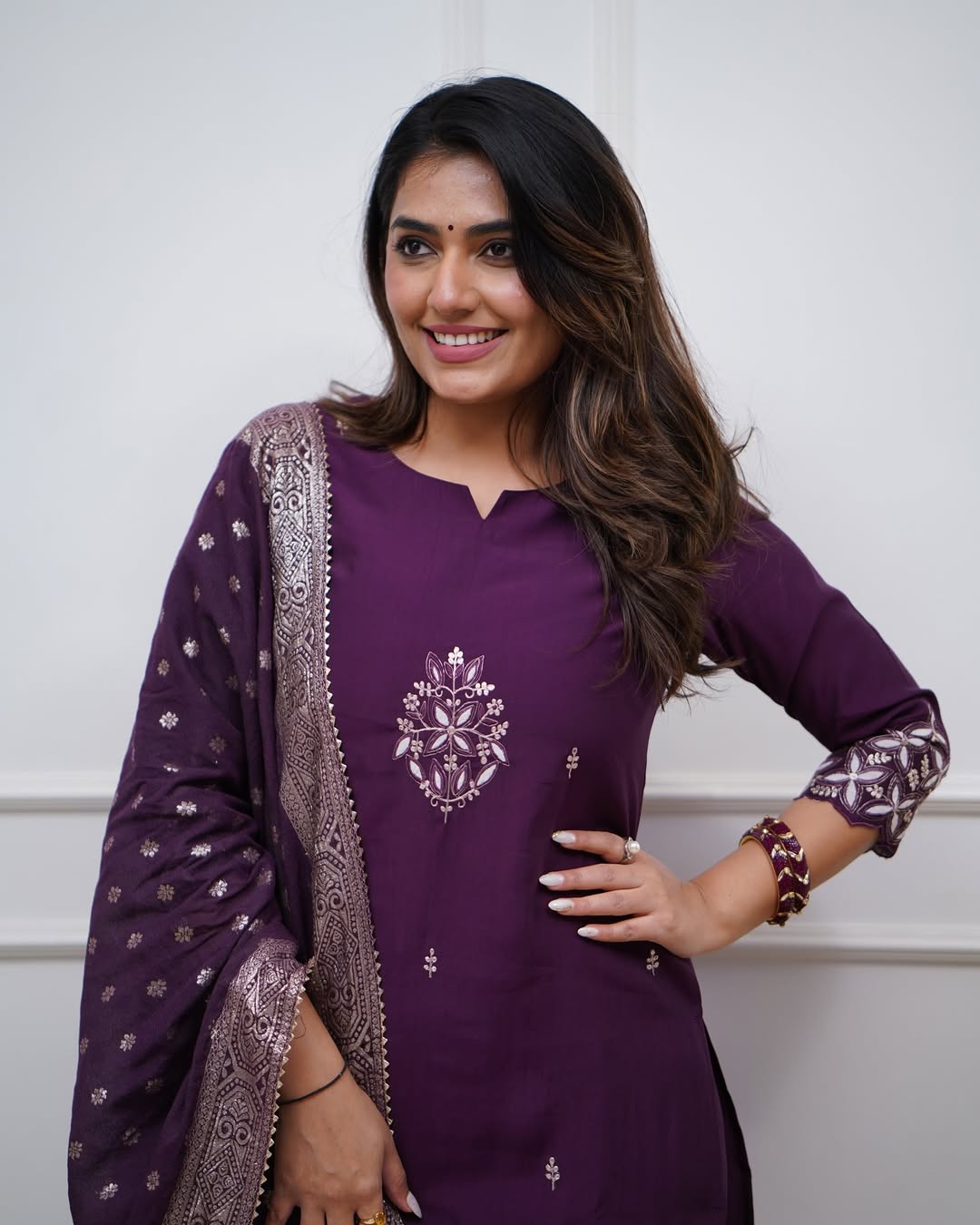 Elegant Wine Purple Embroidered PV Chanderi Kurti Set with Dupatta | Festive & Ethnic Wear (S–XXL)