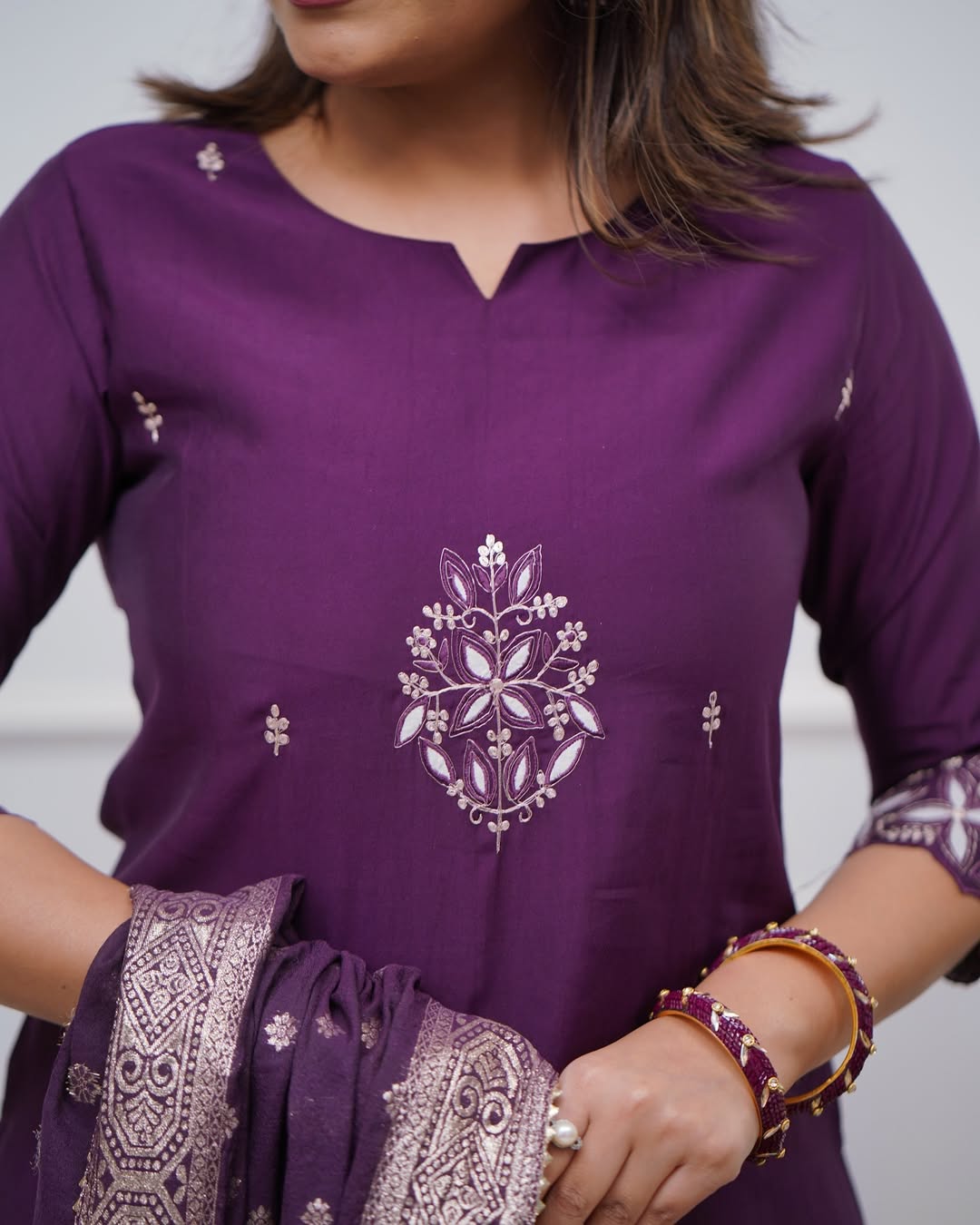 Elegant Wine Purple Embroidered PV Chanderi Kurti Set with Dupatta | Festive & Ethnic Wear (S–XXL)