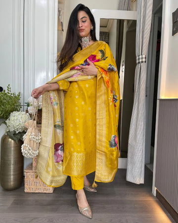 Elegant Yellow Viscose Organza Jacquard Embroidered Kurti Set with Printed Dupatta (3-Piece Set)