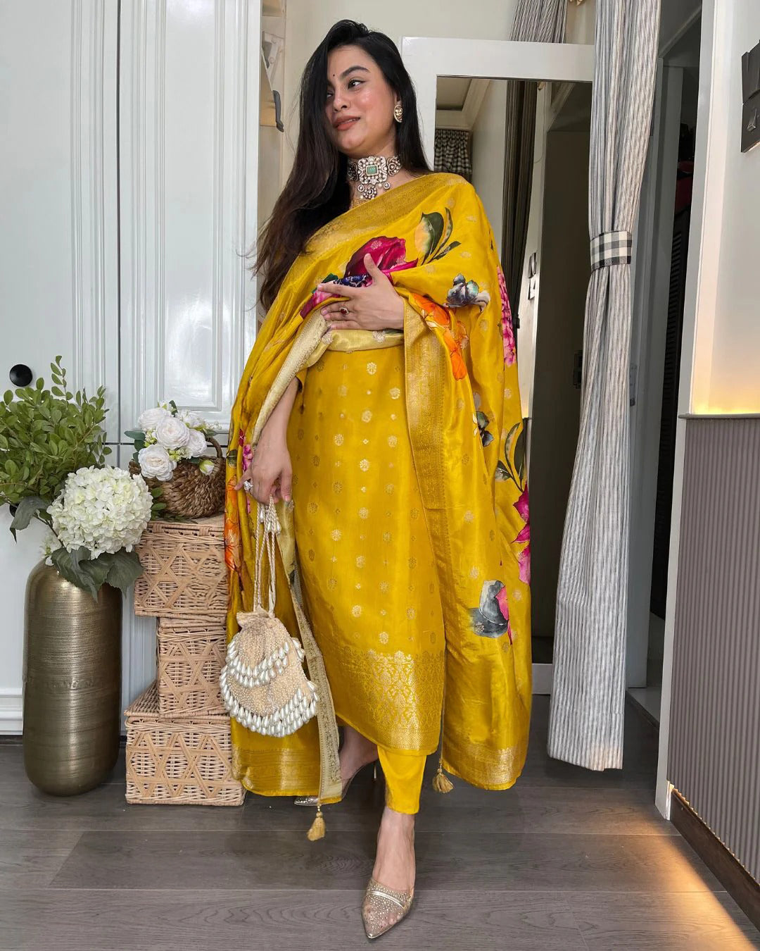 Elegant Yellow Viscose Organza Jacquard Embroidered Kurti Set with Printed Dupatta (3-Piece Set)