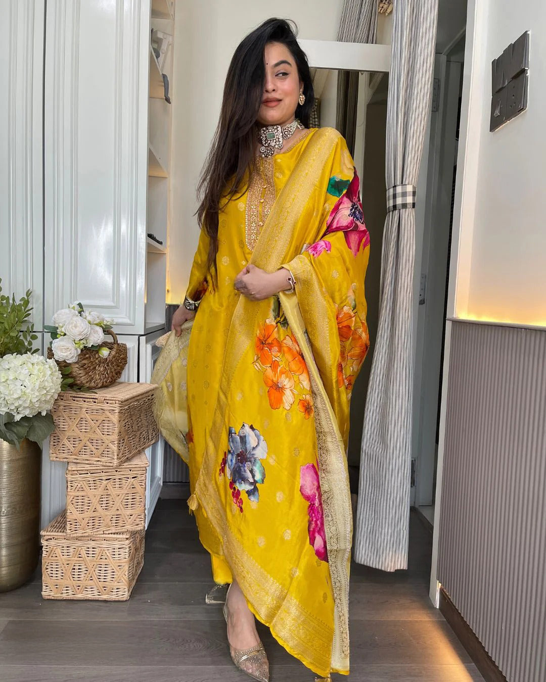 Elegant Yellow Viscose Organza Jacquard Embroidered Kurti Set with Printed Dupatta (3-Piece Set)