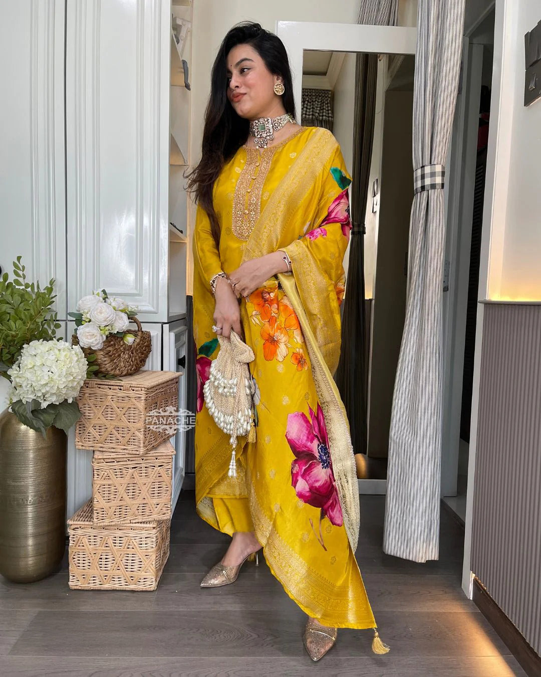 Elegant Yellow Viscose Organza Jacquard Embroidered Kurti Set with Printed Dupatta (3-Piece Set)