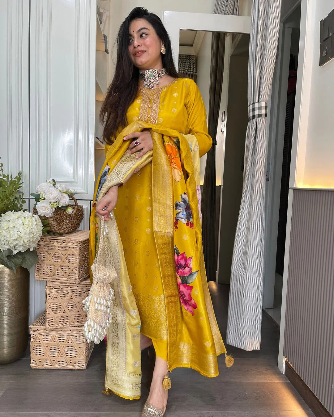 Elegant Yellow Viscose Organza Jacquard Embroidered Kurti Set with Printed Dupatta (3-Piece Set)