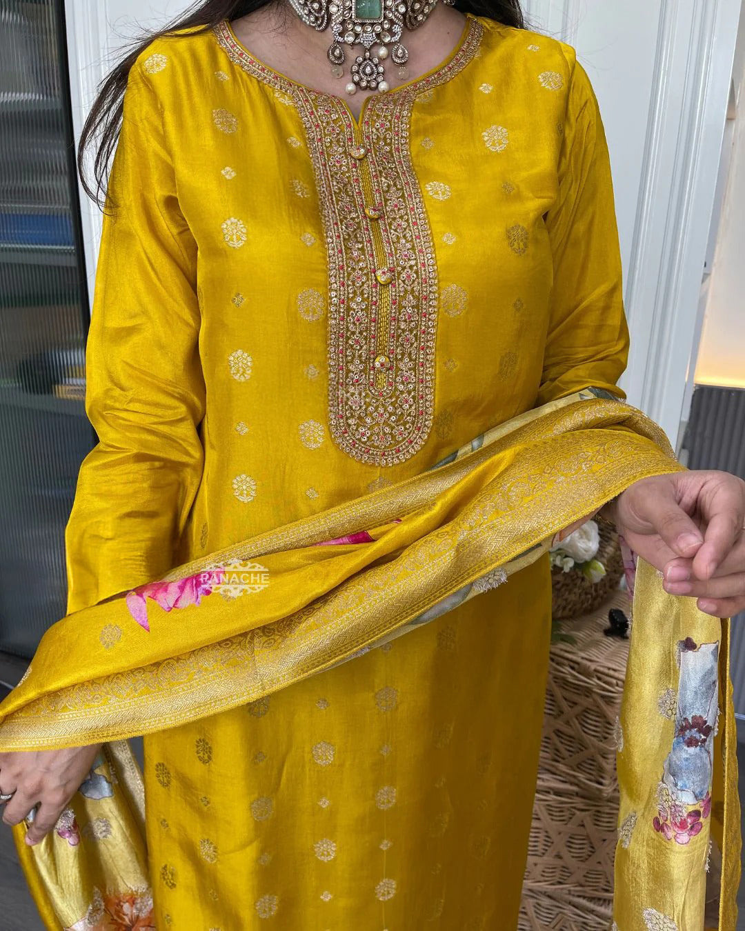 Elegant Yellow Viscose Organza Jacquard Embroidered Kurti Set with Printed Dupatta (3-Piece Set)