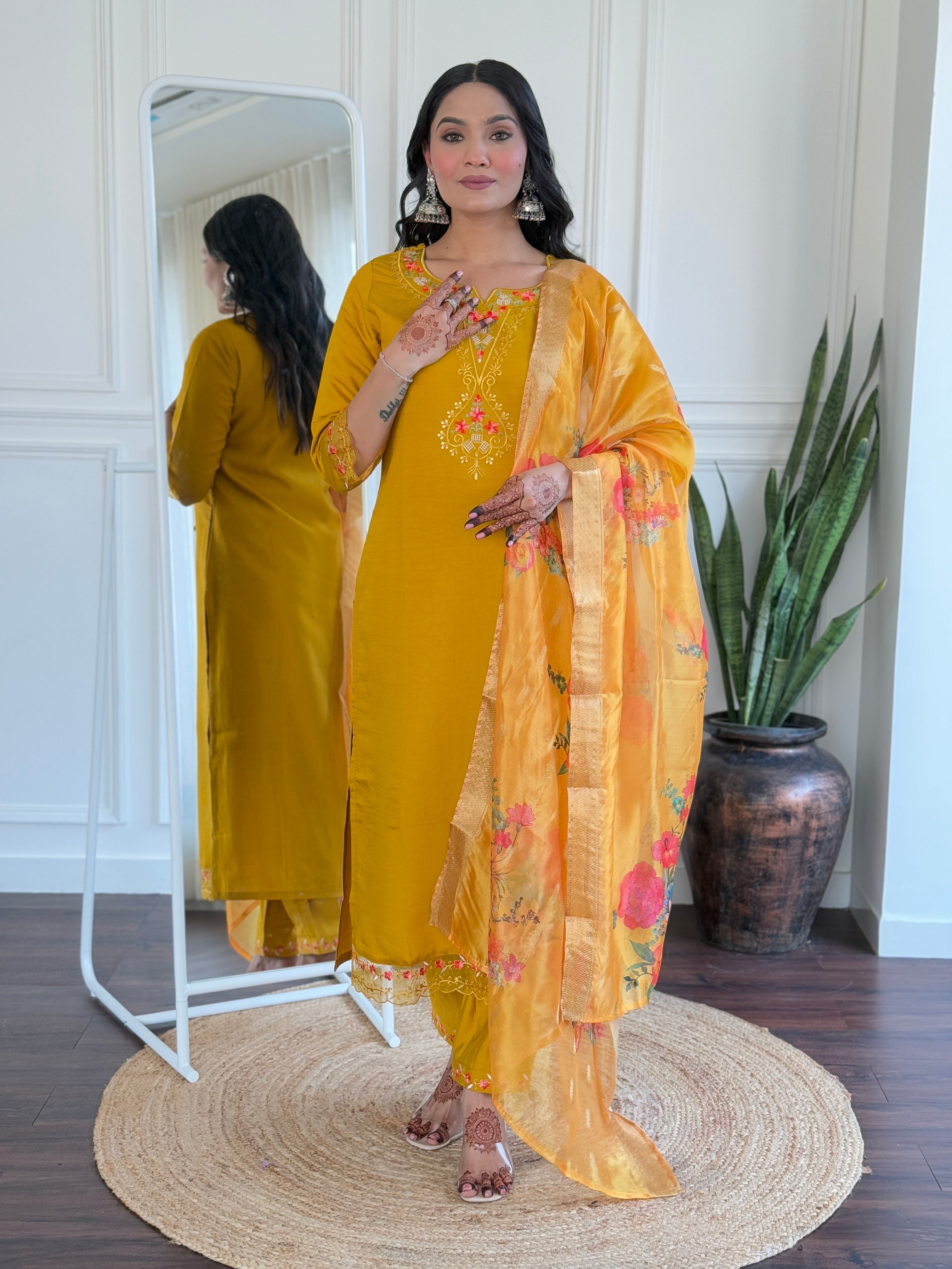 Elegant Mustard Viscose Chanderi Embroidered Kurti Set with Organza Dupatta