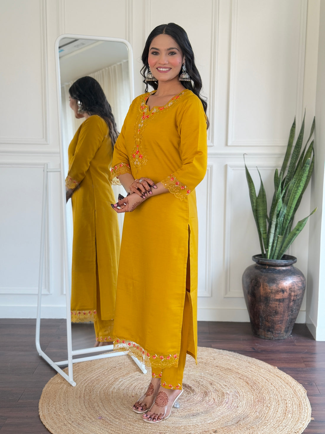 Elegant Mustard Viscose Chanderi Embroidered Kurti Set with Organza Dupatta