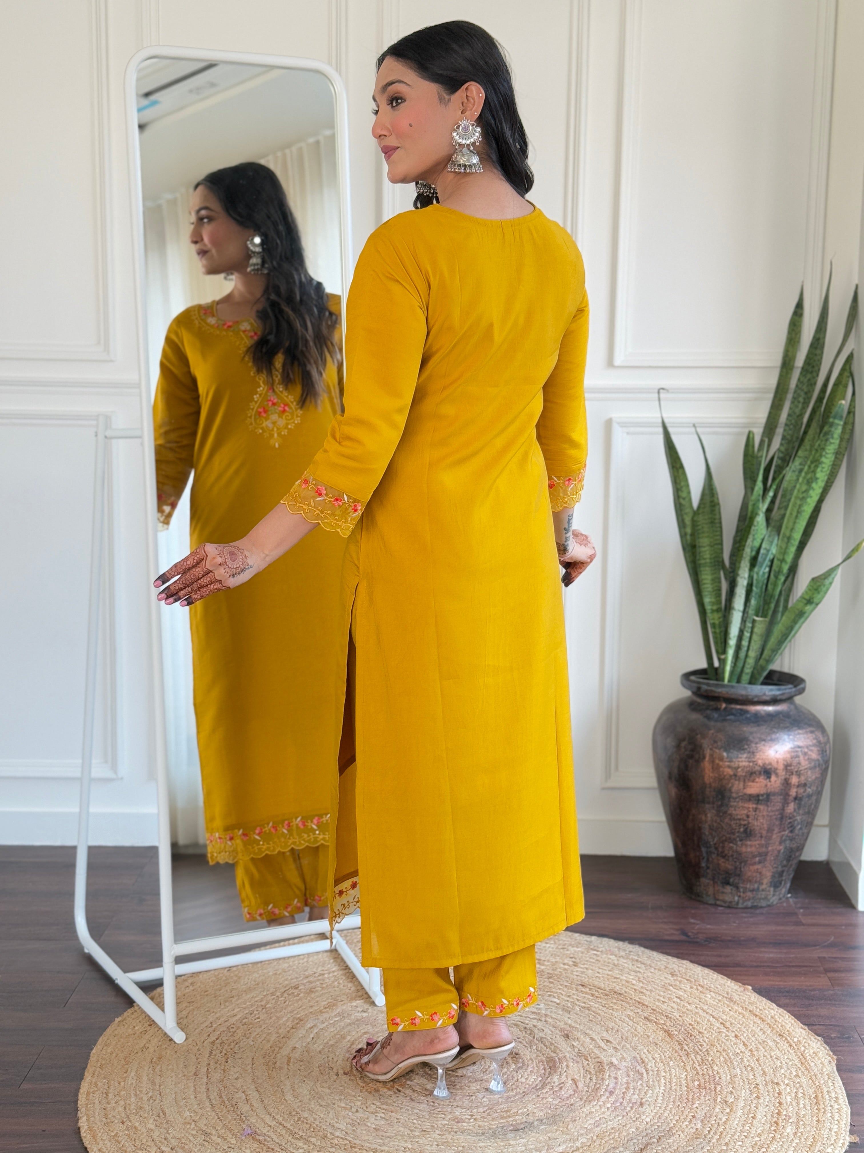 Elegant Mustard Viscose Chanderi Embroidered Kurti Set with Organza Dupatta