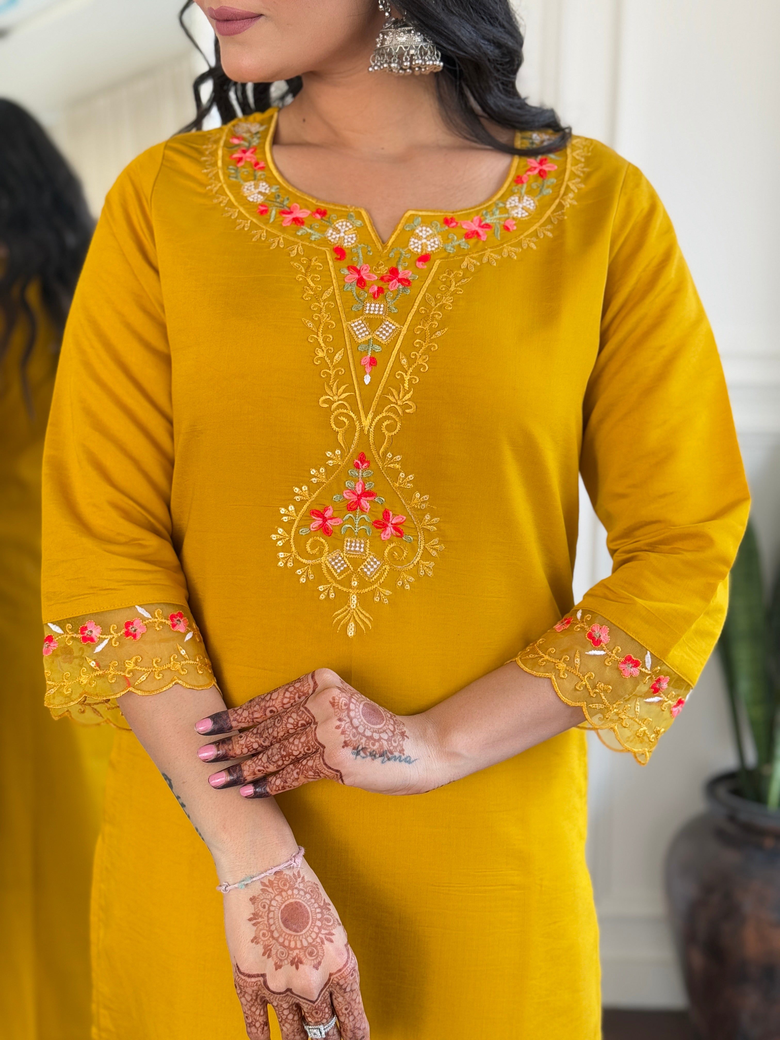 Elegant Mustard Viscose Chanderi Embroidered Kurti Set with Organza Dupatta