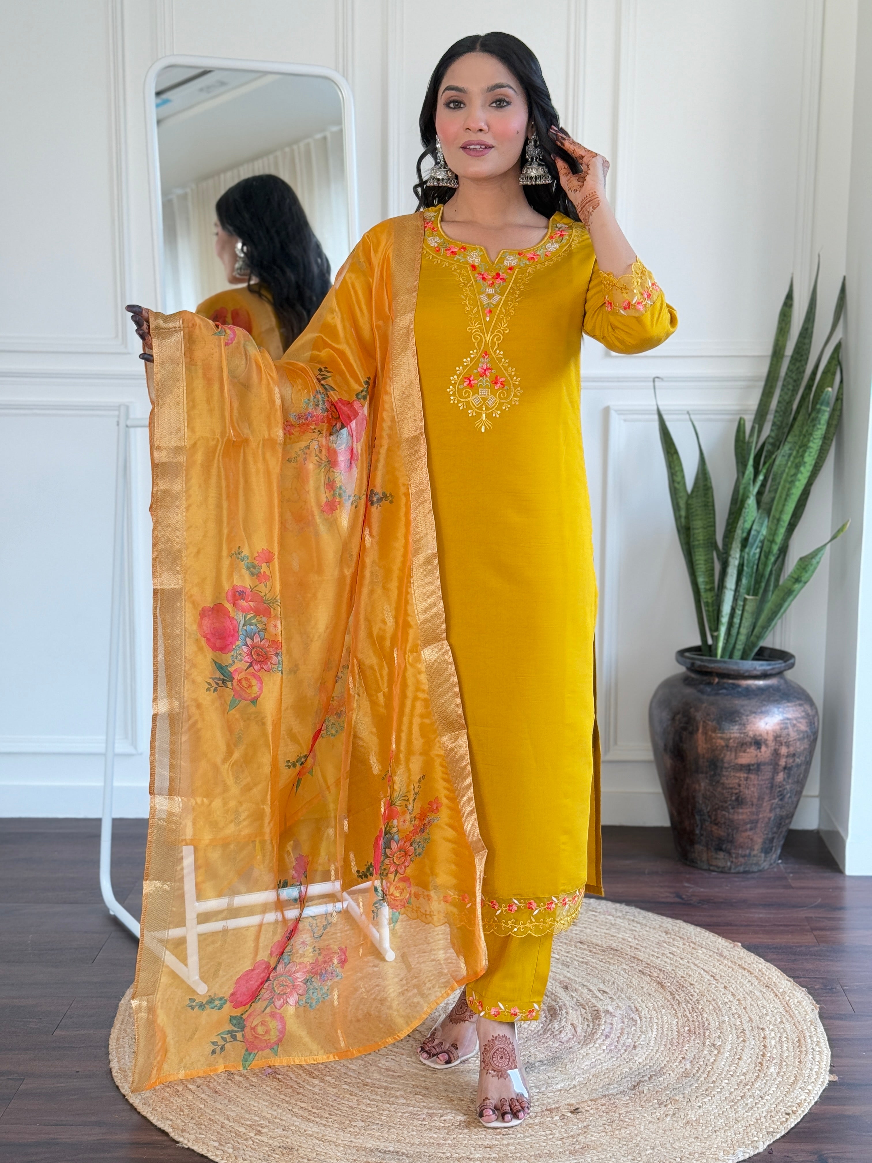 Elegant Mustard Viscose Chanderi Embroidered Kurti Set with Organza Dupatta